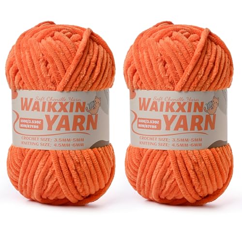 Image of (2 Orange) 2 Pack Super Soft Fuzzy Chenille Chunky Yarn for Crocheting, 200g (175yds) Fluffy Velvet Yarn for Hand Knitting Baby Blankets Weaving Craft