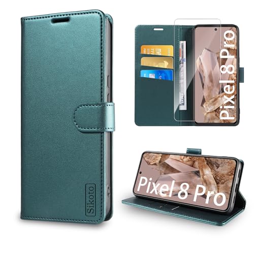 Sikoto Funda para teléfono móvil Google Pixel 8 Pro funda [con protector de pantalla Pixel 8 Pro] Funda de piel premium con compartimento para tarjetas, función atril, cierre magnético, antigolpes,