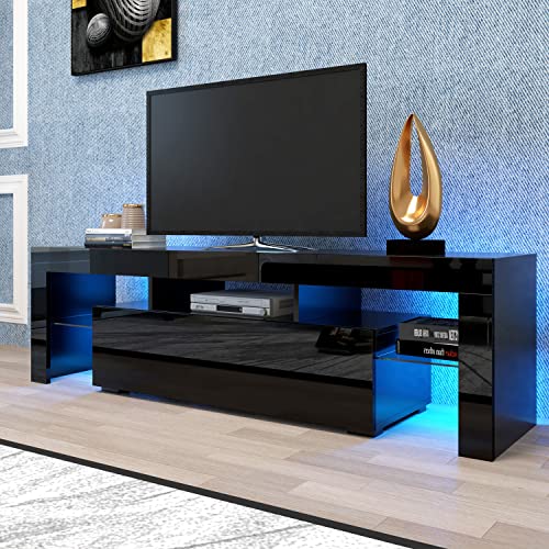 Furnnylane Black TV Stand LED TV Stand for 55 inch TV High Glossy Front Entertainment Center Modern TV Stands with Storage for Living Room,Bedroom