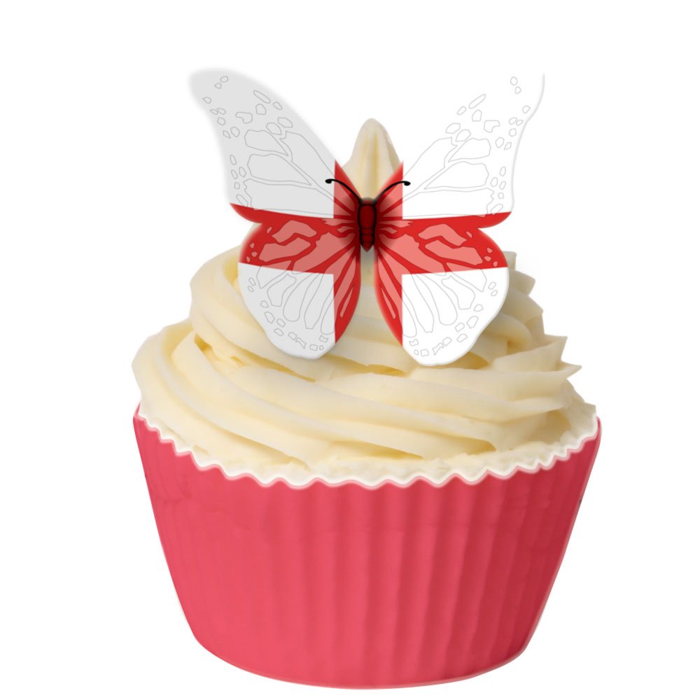 Support Englnd with This Pack of 12 Edible Butterfly Shaped St George Flag Wafer Decorations 201-228 by CDA Products