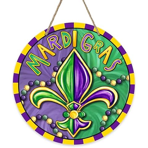 Bolisom Mardi Gras Fleur De Lis Front Door Sign, Beads New Orleans Carnival Wood Door Hanger Outdoor Outside Porch Decor, Masquerade Wooden Wreath Indoor Wall Hanging Decoration Cover