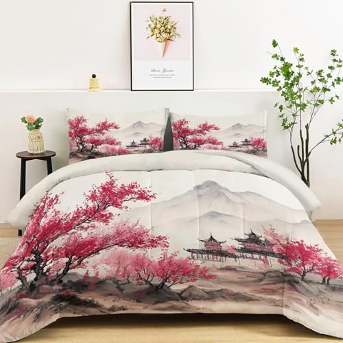 Genérico Edredon Nordico 200 x 200 cm con 2 Fundas de Almohada 50 x 75 cm, Edredón Reversible Suave de 4 Estaciones Tradicional Chino Pintura A Tinta Flores - Juego de Cama Estampado Níveo