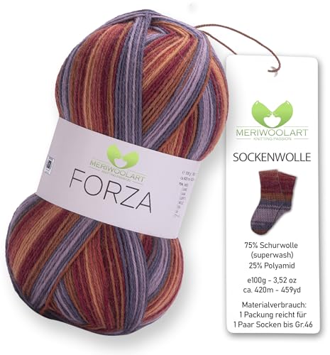 MERIWOOLART Sockenwolle 4-fädig 100g Merino 75% Schurwolle 25% Polyamid 420m