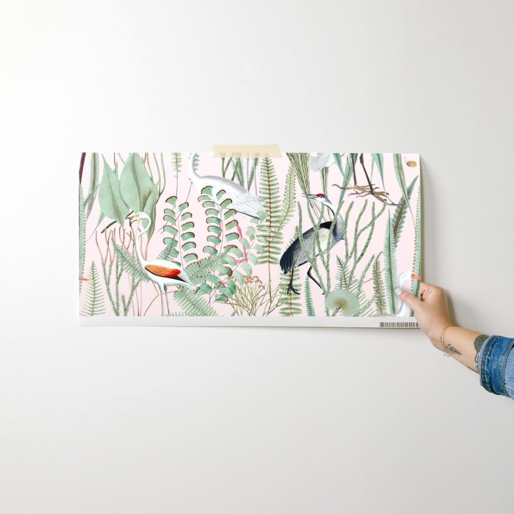 Removable Wallpaper Swatch - Coastal Birds Beachy Elegant Marsh Pink Heron Osprey Botanical Grass Leaves Custom Pre-Pasted Wallpaper by Spoonflower