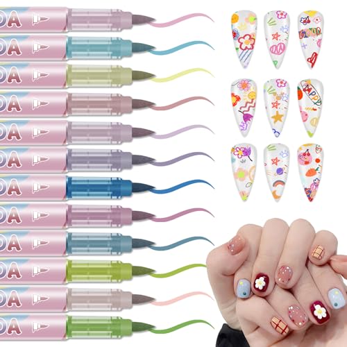 Image of 12 Colors Nail Art Pens Set, Nail Polish Pens Quick Dry, Macaron-colors | 3D Acrylic Paint Nail Art Markers for Nails Drawing Painting Dotting Liner, Home DIY Nail Art Design Kit Manicure Tools