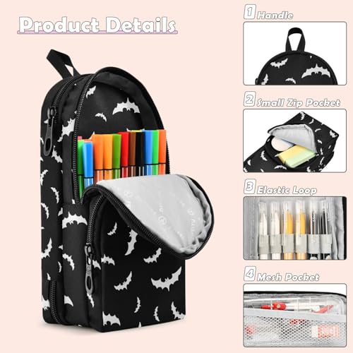Image of ZAZYXTJ Halloween Bat Standing Large Capacity Pencil Case 3 Compartment Pen Pouch Storage Makeup Bag for School Office Teen Girl Boy Men Women