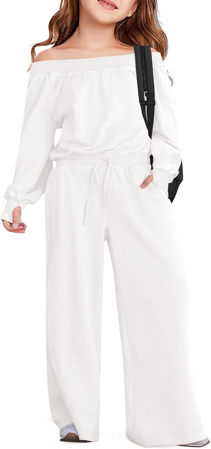 Haloumoning Girls Casual Jumpsuits Long Sleeve Off the Shoulder Wide Leg Loose Rompers with Pockets 5-14 Years