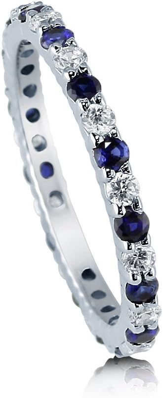 BERRICLE Sterling Silver Rings Stackable Eternity Band Ring for Women, Round Cubic Zirconia CZ - Amethyst-Purple, Emerald-Green, Garnet-Red, Ruby-Red, Sapphire-Blue Alternating Colors