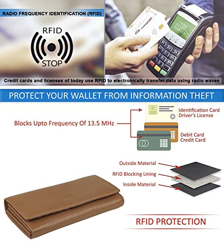 Image of Women's Top Grain Leather Wallet, RFID Blocking Bifold clutch, 17 Card Slots, Zip Pocket Organizer, Elegant Gift for Women - Birthday, Valentine, Anniversary - Pebble Cognac