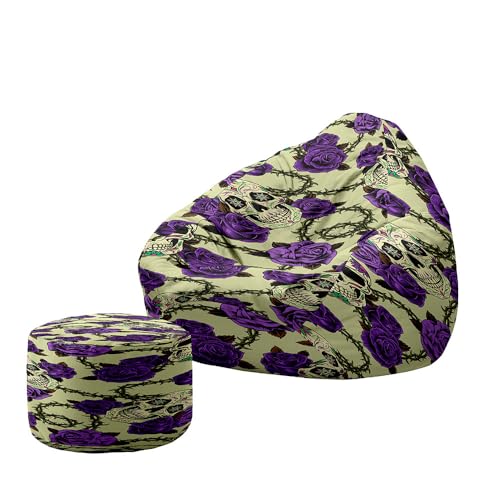 Hiseng Funda Puff Pera con Reposapies Sin Relleno S M L XL XXL, Puff Sin Relleno Lavable Grande Pequeño para Infantil Adultos Almacenaje de Juguetes de Peluche (Impresión de Calavera 4,130x150cm)
