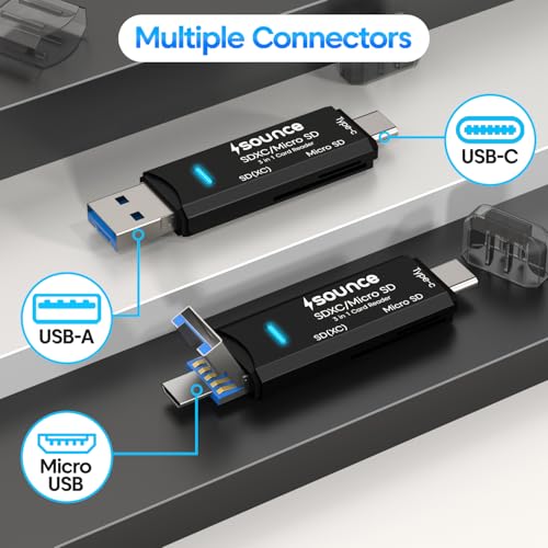 Image of Sounce 3 in 1 SD Card Reader USB Type C, USB 3.0 and Micro USB OTG Memory Card Adapter, Portable for TF, SD, Micro SD, SDHC, MMC, RS-MMC and Micro SDXC - Black