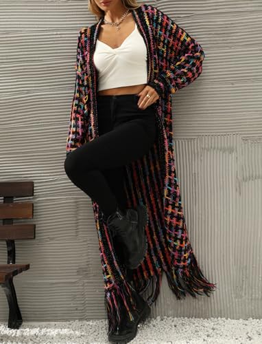 CXINS Women Boho Long Cardigan Sweater Long Sleeve Open Front Fringe Tassel Hem Colorful Rainbow Knit Maxi Sweaters Coat4