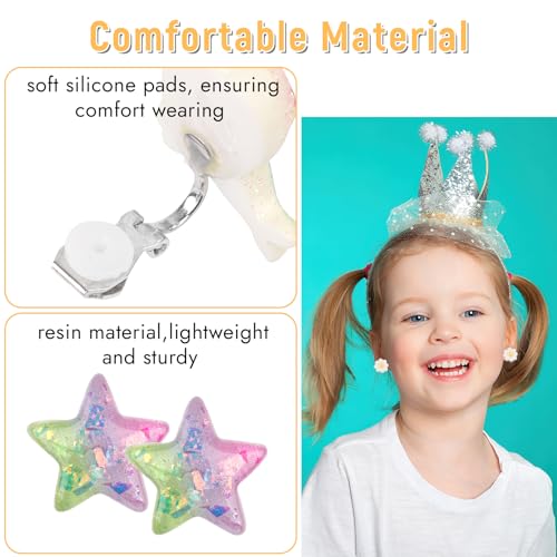12 Paar Glitzer Ohrclips für Mädchen - Harz Ohrringe Klipp für Kinder Mit Herzform, Fünfzackiger Stern - Nein Durchbohrt