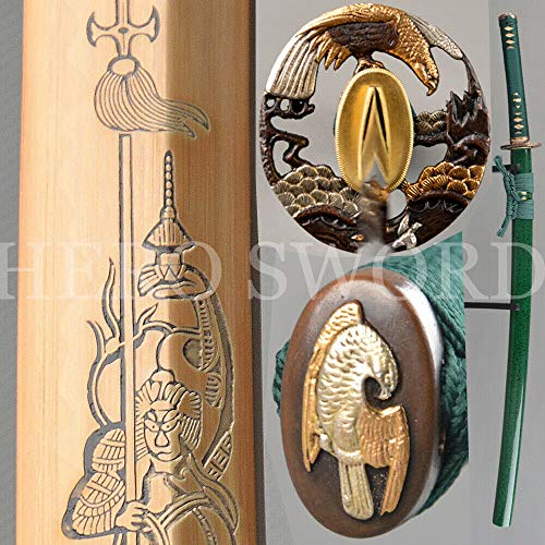 YL Sword Etching Buddha Statue Samurai Sword Clay Tempered T095 Steel Gold Blade Katana