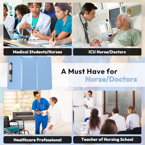 Image of Nursing Clipboard Foldable Without Edition Cheat Charts, 3 Layers Aluminum, Nurse Board w /Low Profile Clip&Pen Clip Pocket, Light Blue