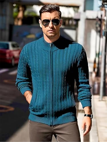 Image of TYSORT Men's Cotton Full Sleeve High Neck Full Zipper Sweater for Men, Cable Knitted Cardigan for Men