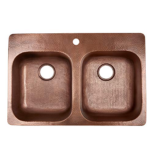 Sinkology K2080-Bd1 Santi 1-Hole Drop-In 33 In. Double Bowl Grid, Drains, And Care Kitchen Sink Kit, Antique Copper #TOP2