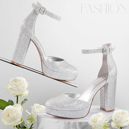 Image of Ankis Platform Closed Toe Heels for Women, Silver Womens Heels Closed Round Toe Chunky Block Pumps Shoes, 4 Inch