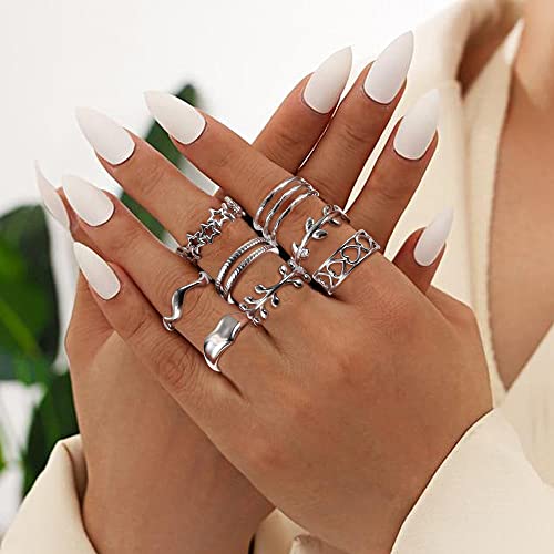Subiceto 12Pcs Stainless Steel Rings For Women Silver Aesthetic Jewelry Rings Adjustable Open Stackable Rings Trendy Knuckle Thumb Finger Rings Size 6-9 Indie Rings Star #TOP5