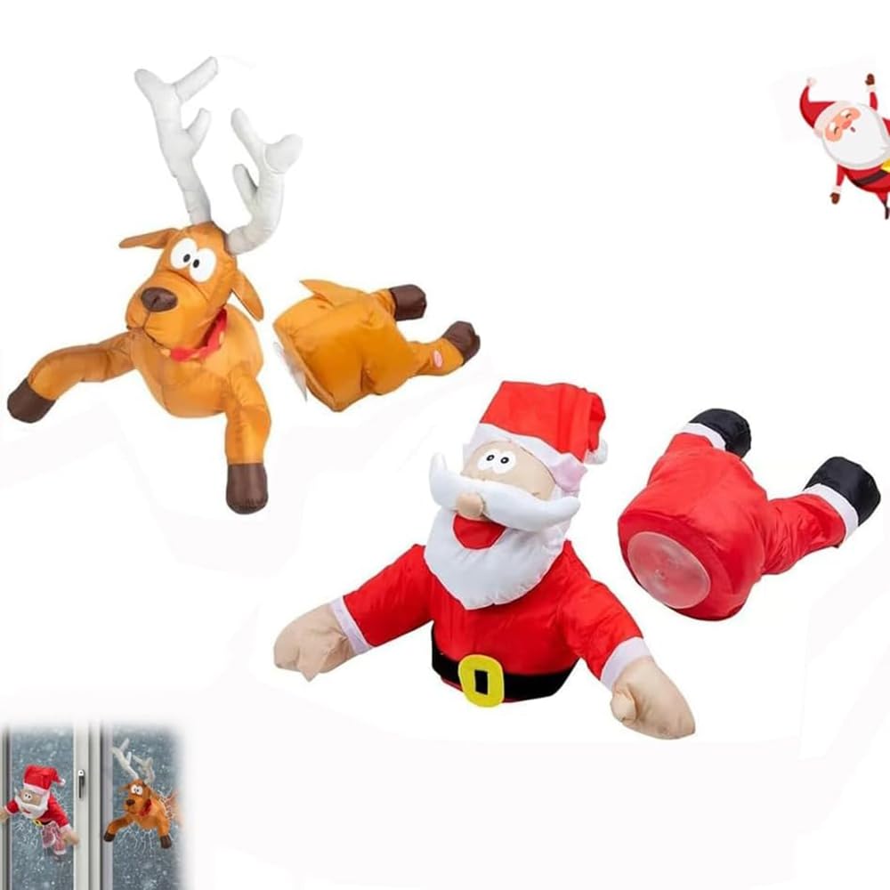 Peamoo Santa+Reindee Christmas Crashing Santa & Reindeer Animated Decoration, Fun Christmas Broken Window Animation Decoration With Broken Glass Sticker & Leg-Kicking Animation, Fits Any Window (Santa+Reindee)