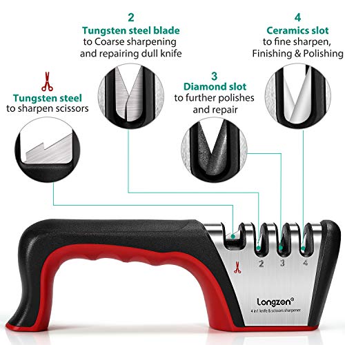 longzon Aiguiseur Couteaux, 4 en 1 Affuteur Couteau Professionnel avec Une Paire de Gants Anti-Coupure, eguiseur de Couteau pour Ciseaux et Couteaux de Cuisine de Différentes Tailles-Rouge