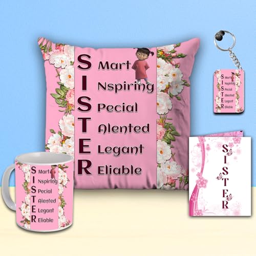 Image of Microfiber Gift For Sister | Sister Quoted Keyring With Coffee Mug And Cushion| Combo Gifts For Sister On Birthday, Raksha Bandhan (Red)