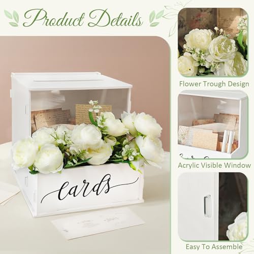 Image of White Card Box with Slot, Wedding Card Boxes for Reception with Flower Trough, Elegant Suggestion Box for Gift Cards Envelope, Perfect for Birthday Bridal Shower Graduation Party Table Decor