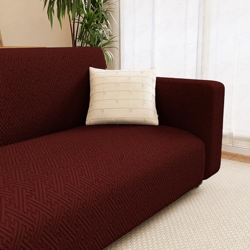 Image of Lukzer 1 Seater Pastel Deep Maroon Grid Maze Pattern Sofa Cover | 240 GSM Universal Stretch Fit Jacquard Fabric Couch Protector | Fully Covered Anti Slip & Washable Sofa Cover (90-140cm /SC-109-01)