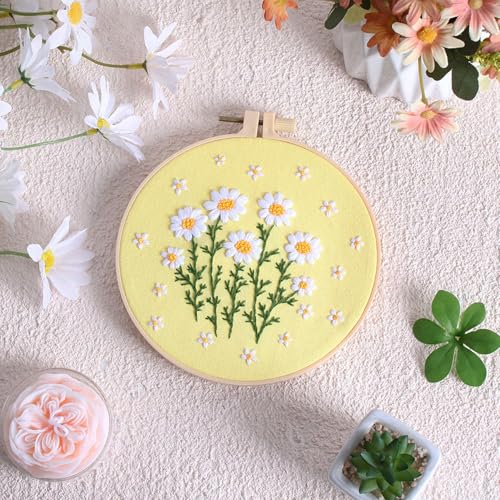 Image of Louise Maelys Daisy Flower Beginners Embroidery Kits,Cross Stitch Kit for Adults,DIY Needlepoint with Floral Pattern,Including Hoop,Threads and Instruction