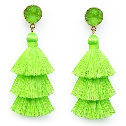 Me&Hz Neon Green Tassel Earrings for Women Green Monster Inspired Layered Fringe Drop Dangle Earrings for Women Lime Fluo Green Earrings Christmas Jewelry 80s Neon Party Accessories