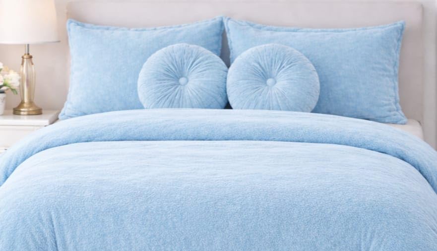 Image of Sands Luxurious 6Pc Bedding Set for Winter, 1 Double Duvet Cover,1 Double Bed bedsheet, 2 Pillow Covers, 2 Round Cushions, Ultra Soft Woollen Bedsheet Set- 90X100 inches (Sky)