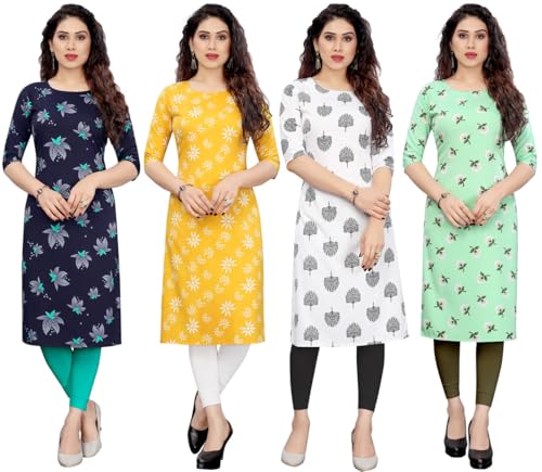 Image of JAKHANA Women's Crepe Printed Casual Straight Calf Length Round Nick Kurta Pack of 4