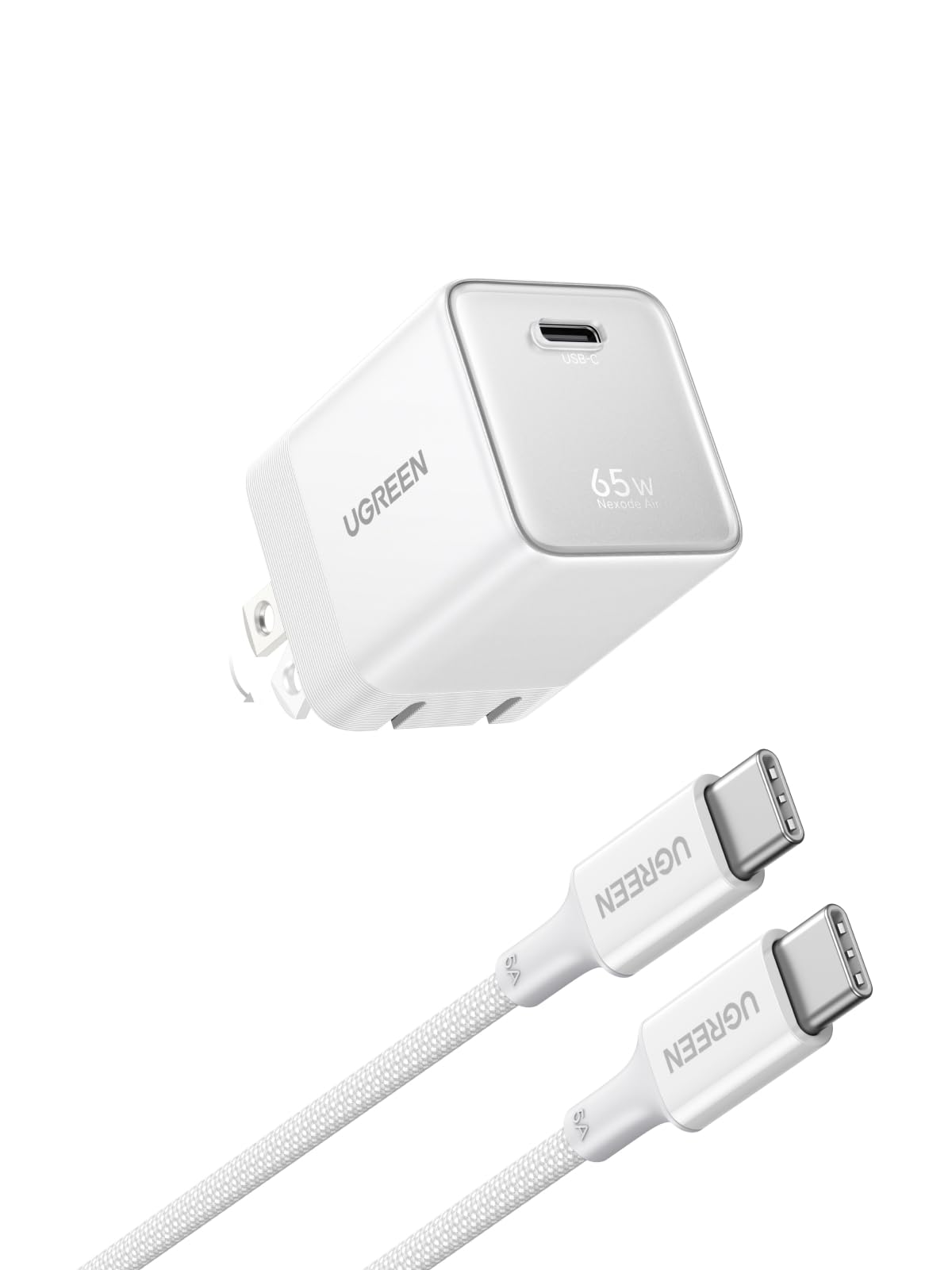 UGREEN Nexode Air 65W USB C GaN Charger Block with 3.3ft Cable, White | Mini Size(1.22×1.30×1.59''), Foldable Plug, Fast Charging for MacBook Air/Pro, iPhone 17/16, Galaxy S26/S25, iPad, Steam Deck