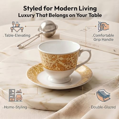 Image of UPC Premium Bone China Cup & Saucer Set (6 Pieces) | Elegant Solid Color Tea Coffee Cups | Lightweight, Durable & Glossy Finish | Ideal for Home, Office & Gifting