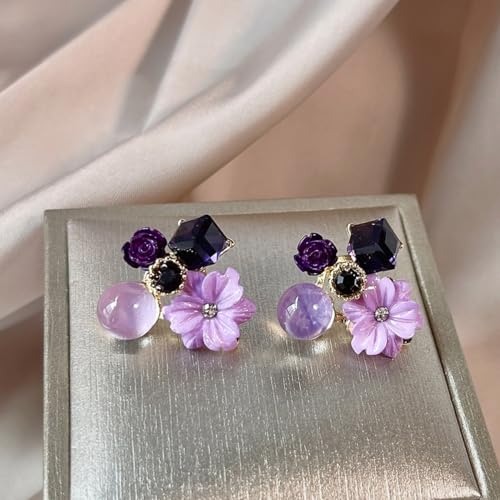 Purple Earrings for Women Flower Stud Statement Trendy Cute Everyday Crystal Earrings Jewelry Gift3