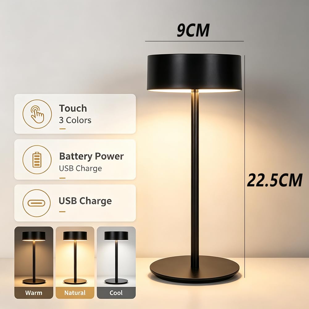 LED Tischlampe Kabellose Portable Akku Tischleuchte USB Aufladbar Aluminium Dimmbar Nachttischlampe Batteriebetrieben 3 Farbtemperatur Nachtlicht Touch Schalter für Esszimmer Terrasse,Schwarz