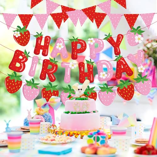 Image of 5 Packs Strawberry Happy Birthday Banner Strawberry Themed Paper Garland Red Pink Pennant Flags Bunting Banners Berry Sweet Birthday Party Decorations for Girls Birthdays Party Decor