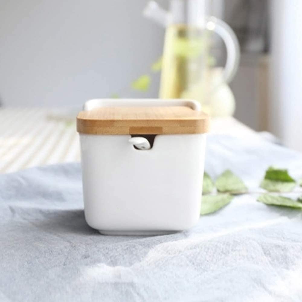 Creativity Barattoli per spezie in Ceramica Zuccheriera Contenitori per Alimenti con Cucchiaio e Coperchio in Legno per Cucina Domestica-Singolo