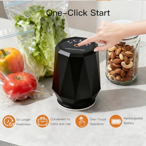 Image of MEGAWISE Handheld Cordless Vacuum Sealer Pump, Rechargeable Portable One‑Button Automatic Sealer for Dry & Moist Food, Compatible with 99% Vacuum Sealer Bags, for Kitchen, BBQ & Travel