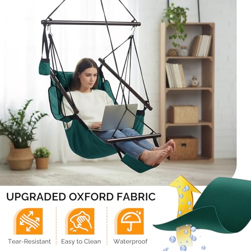 Image of ONCLOUD Upgraded Unique Hammock Sky Chair, Air Deluxe Hanging Swing Seat with Rope Through The Bars Safer Relax with Drink Holder & Fuller Pillow Beech Wood Indoor Outdoor Patio Yard 250LBS (Green)
