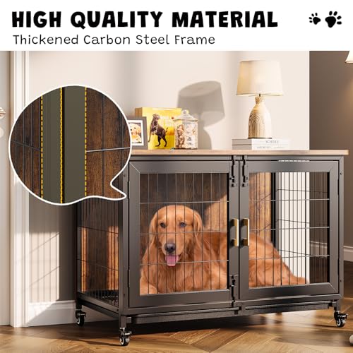 37.5 Inch Dog Kennel Furniture, Heavy Duty Dog Crate Furniture with Wheels, Grid Base, Removable Tray, Latches, Indoor Farmhouse Dog Cage for Medium and Small Dogs, Brown