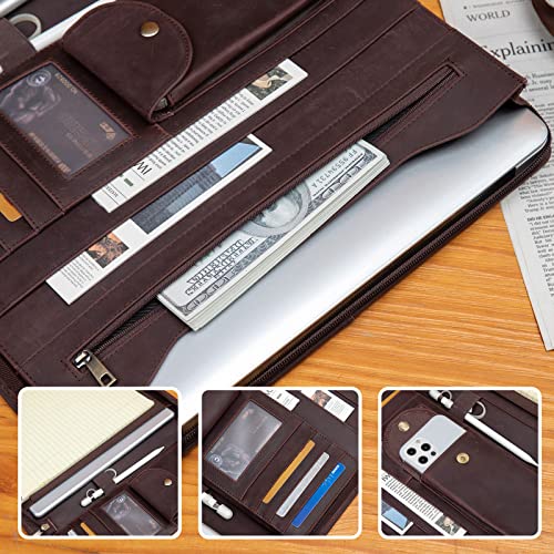 Handmade Crazy-Horse Leather Padfolio Portfolio Case Business Organizer Tablet Folio Folder, Letter Size Notepad,Zippered Closure, Gift For Women & Men (Dark Brown Upgraded Version, Non-Custom) #TOP4