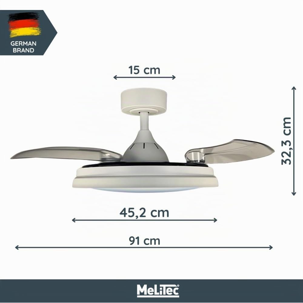 MeLiTec Deckenleuchte mit Ventilator, Deckenventilator mit Beleuchtung LED, leise, mit RGB-Licht, verschiedene Farbmodi, Timer- und Nachtlichtfunktion, dimmbar, DV07, weiß, Steuerung per Fernbedienung