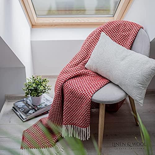 Plaid laine vierge Sofia rouge couverture lit canape franges