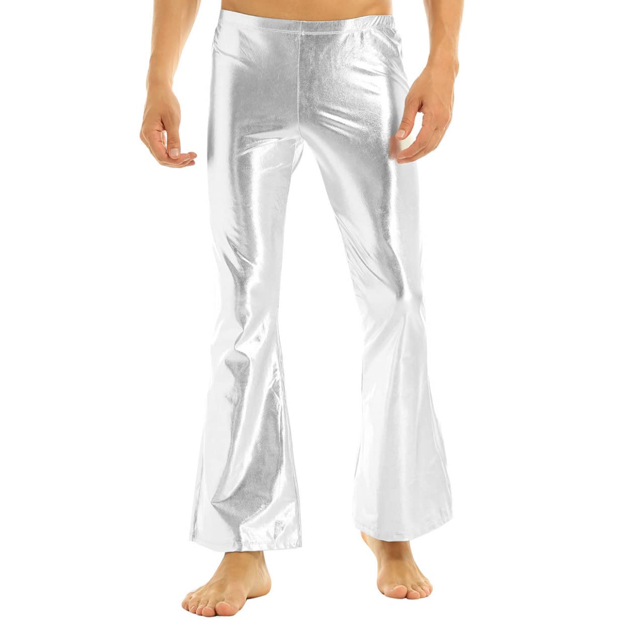 Herren Metallic Hose High Waist Glänzende Leggings Holographic Schlaghose Tanzhose Weites Bein Jazzpants 70er 80er Jahre Nachtcub Party Outfit Silber XXL