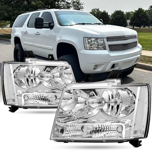 Headlight Assembly For 2007-2014 Chevy Tahoe 07-13 Chevy Avalanche Suburban 1500 2500 Head light  Replacement Head Lamp Set with Chrome Housing Clear Reflector