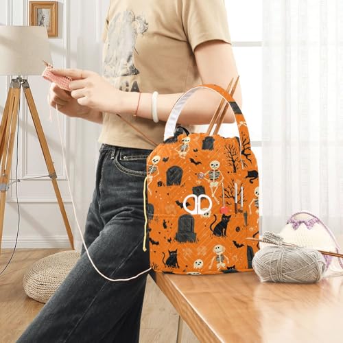 Image of ElliTarr Crochet Bag Yarn Bag with Handle Portable Knitting Project Bag Travel Yarn Storage Organizer Holder Case Halloween Orange Skeletons Cat Bats Tombstones Trees