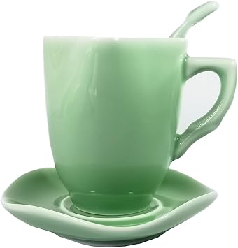 Celadon 6oz Teacups and Saucer Set with Spoon Porcelain Coffee Mugs Green01