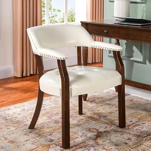 MODERION Solid Wood Dining Chairs with Upholstered,Office Desk Chair with Arms. Faux Leather Boss Captain's Chairs,Classic Accent Chairs for Dining Room, Living Room Cherry Walnut Legs & White NX173C Cover