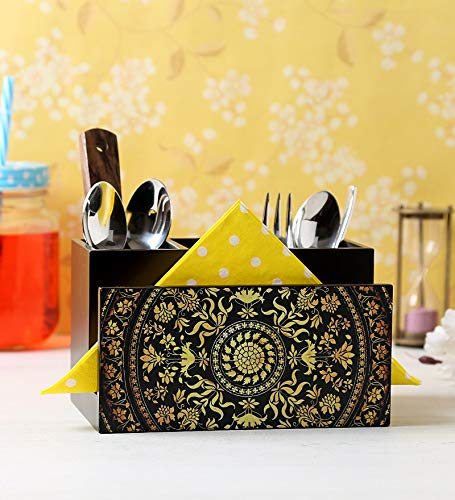 Image of Reinvention Factory Wooden Cutlery & Tissue Holder for Dining Table | Designer Spoon Stand & Napkin Holder Organizer | MDF Wood Kitchen Cutlery Stand with Compartments | Dining Table Decor Organizer